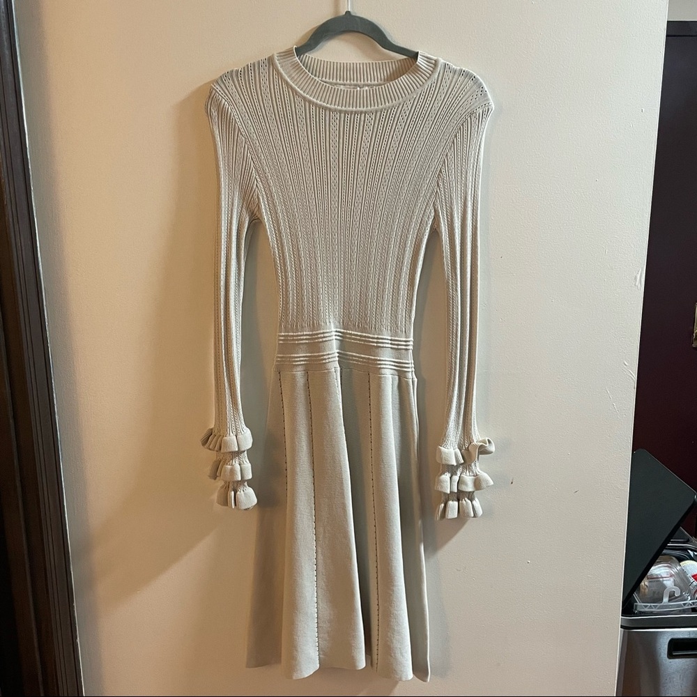 by clara Paris - Knit Cream Ruffle Sleeve Dress